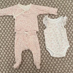 Organic Quincy Mae Wrap Top + Footed Pant Set and Jamie Kay Floral Onesie